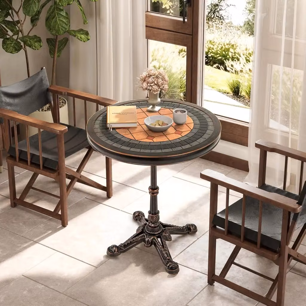 Tavolo da Pranzo Rotondo in Alluminio Verniciato Costway, Stile Antico con Decorazioni Astratte, Colore Bronzo, Diametro: 70 cm – 2