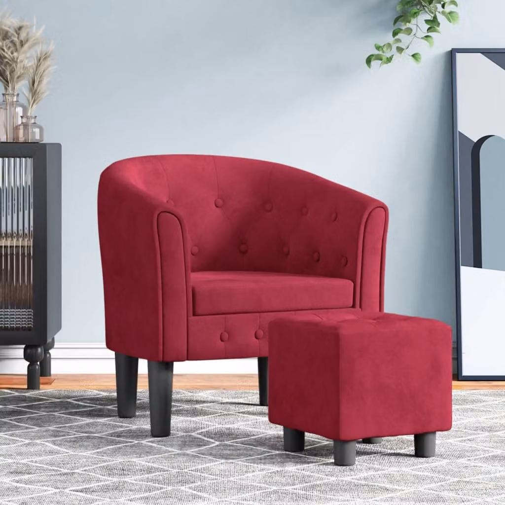 vidaXL Poltrona Cabriolet con Poggiapiedi in Velluto Rosso Vino, Design Moderno con Struttura in Legno e Plastica, L/P/H: 68 x 70 x 56 cm