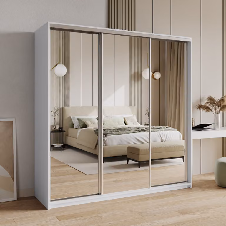 Armadio scorrevole Masseno RIEN 200/205/60 cm Armadio con cassetti Armadio per camera da letto a 3 ante con specchio Bianco + satinato