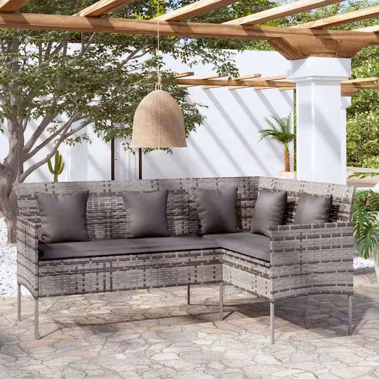 vidaXL Divano da giardino a forma di L con cuscini in antracite e struttura in metallo rivestita in rattan