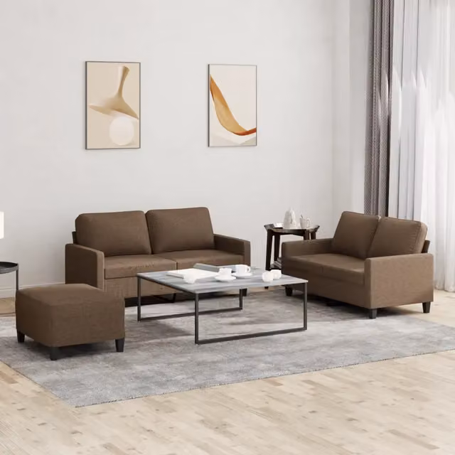 Set di divani 3 pezzi vidaXL in tessuto marrone con cuscini per soggiorno in stile moderno – 1