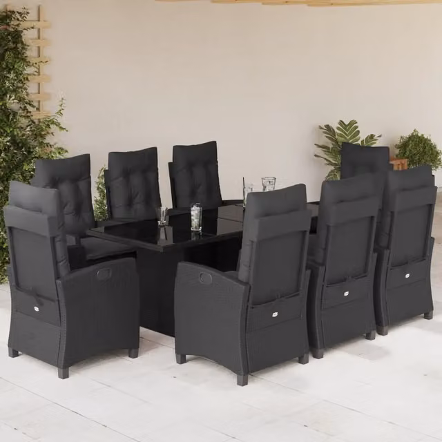 Set da Pranzo da Giardino vidaXL in Polyrattan Nero con Cuscini e Tavolo in Vetro, 9 Pezzi