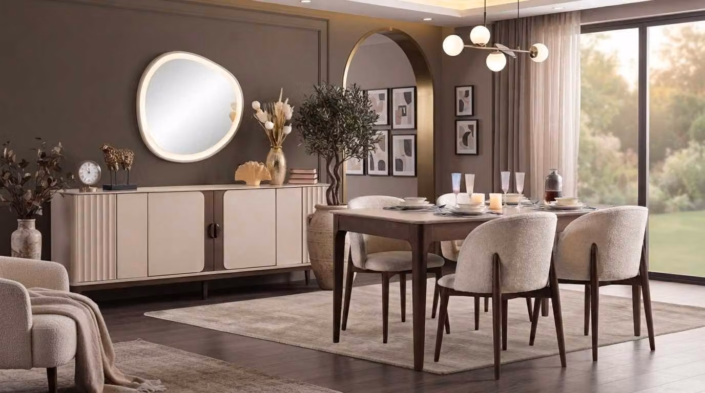 Set per sala da pranzo beige, stile moderno, con tavolo da pranzo sedie, credenza e specchio