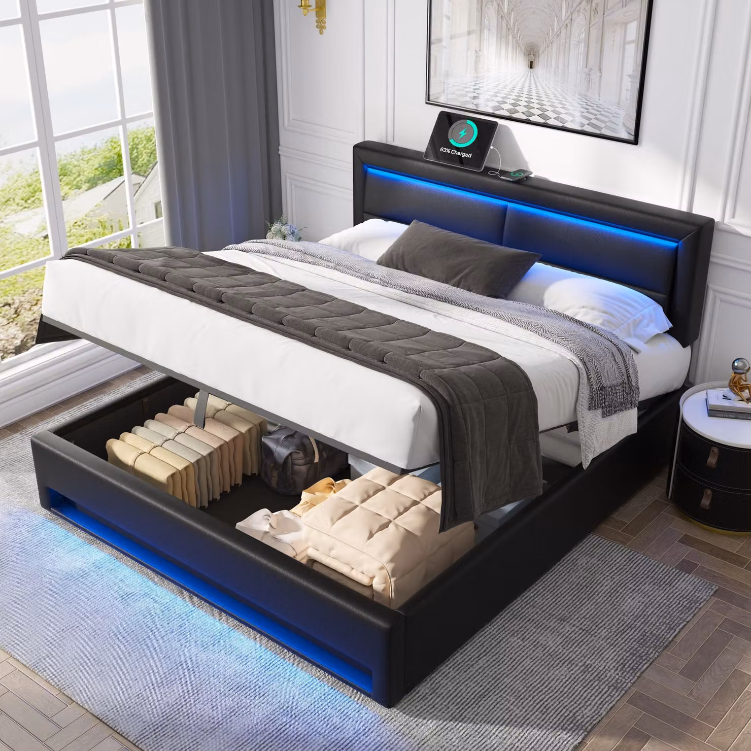 MODFU Letto imbottito, 140 x 200, letto per ragazzi, letto matrimoniale con porta USB, illuminazione a LED e spazio contenitore, con materasso, nero