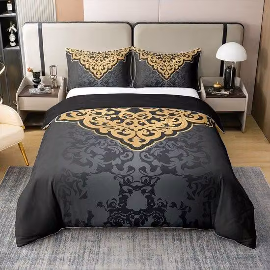Ibenzoa® Set di lenzuola in cotone, 220x240 cm, 100% cotone – elegante motivo barocco nero e oro, 2 federe 65x65 cm, chiusura a zip invisibile, angoli con laccetti