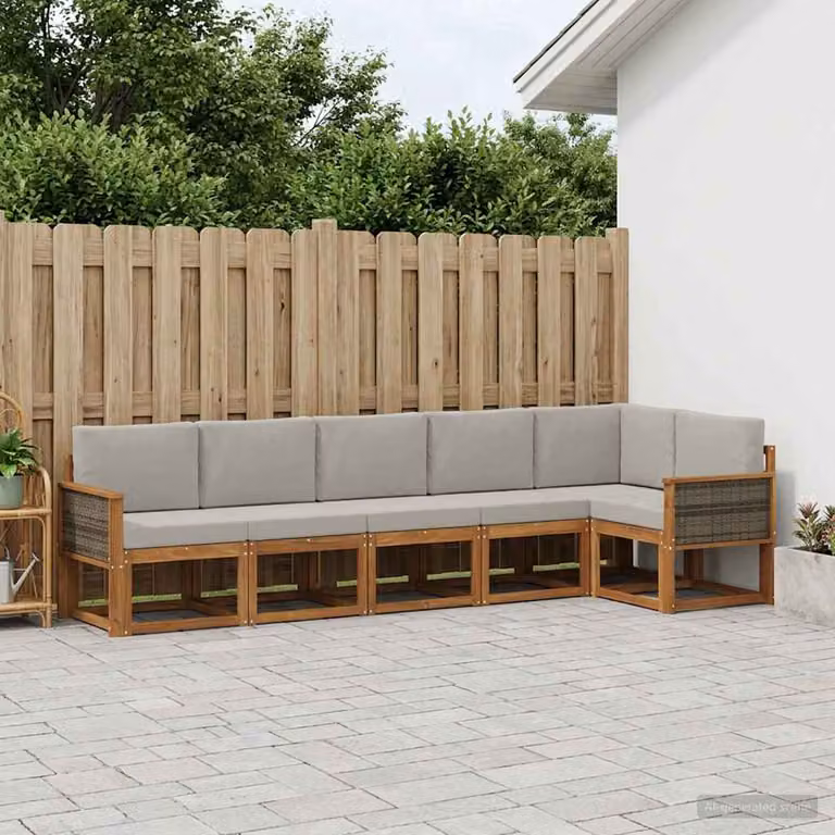 Set di divani da esterno vidaXL 6 pz in legno di acacia con cuscini, forma a L, beige e grigio