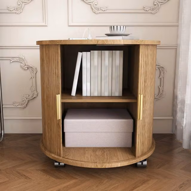 Comodino cilindrico OKWISH in stile mid-century con stazione di ricarica e vano contenitore, colore marrone rovere