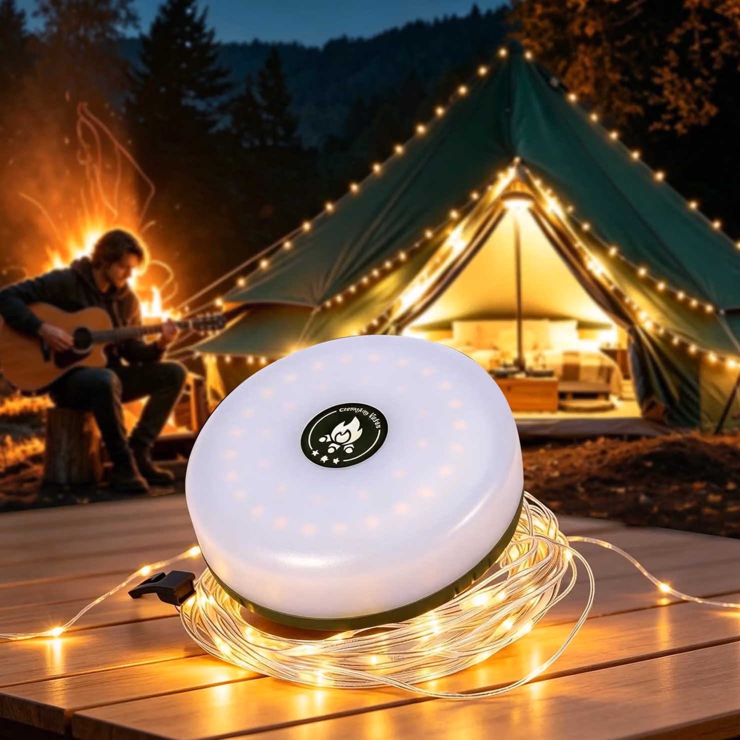 Catena luminosa da campeggio, 10 metri, LED alimentata tramite USB, 8 modalità, arrotolabile, impermeabile