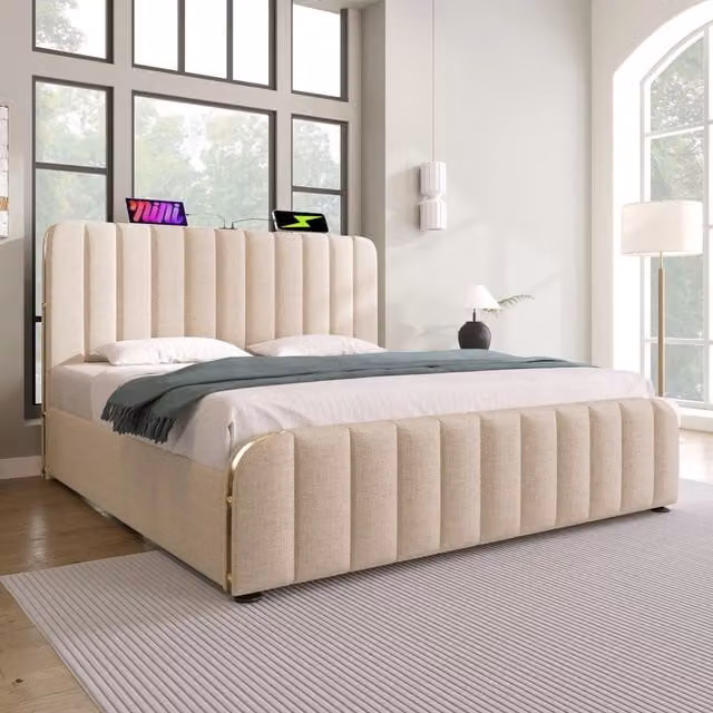 Letto matrimoniale 140x190 beige; contenitore idraulico; imbottito in lino con testiera; USB e USB-C