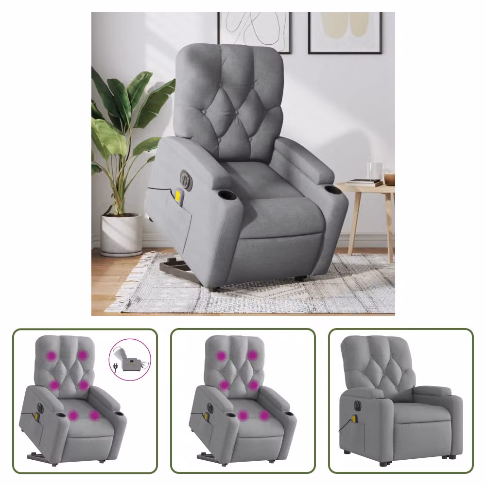 The Living Store Poltrona massaggiante elettrica con ausilio per la posizione eretta Tessuto grigio chiaro