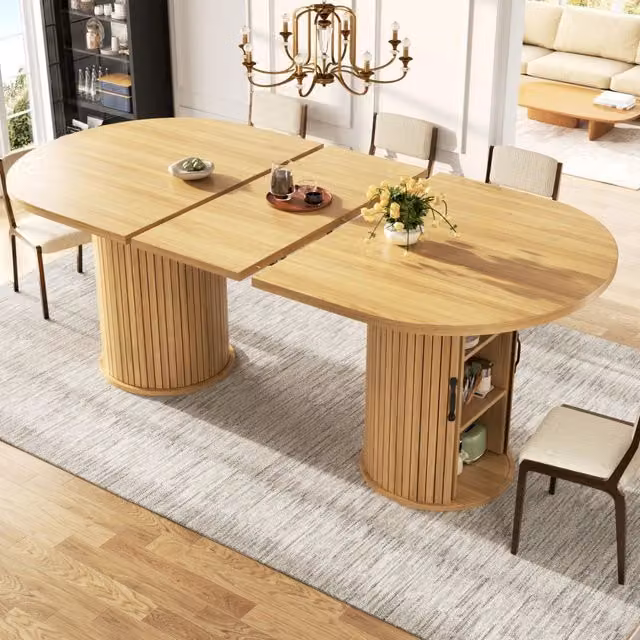 Tavolo da pranzo allungabile, con vano portaoggetti, maniglie in metallo, 149-189 x 80 x 75 cm, color legno naturale