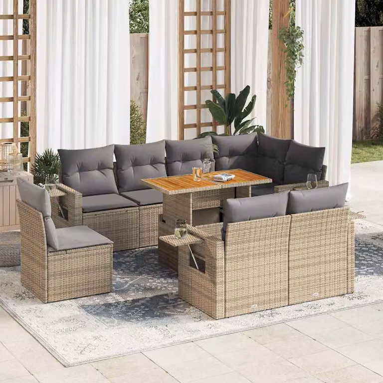 Set Divano da Giardino vidaXL 9 pz a forma a U in Polyrattan con Cuscini Beige e Tavolino da Esterno