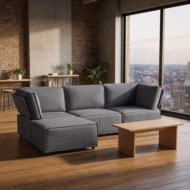 Divano modulare ¨C Minimal ¨C Legno, tessuto lino grigio scuro