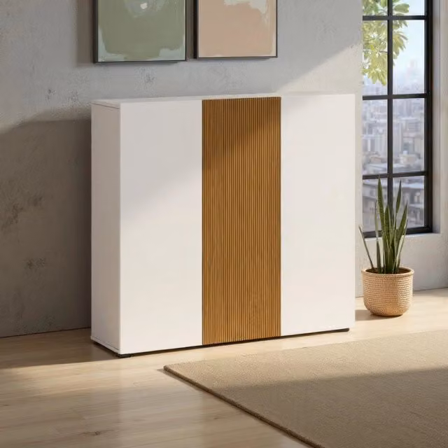 Scarpiera Palasio DMORA Bianco Lucido con ante soft close, capacità 24 paia, L: 120 cm, P: 34 cm, H: 115 cm