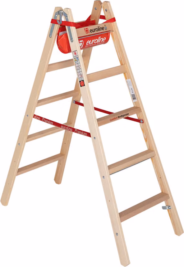 Scala a pioli in legno Euroline con pioli larghi Comfort, gancio per secchi e tasca porta attrezzi, 2x5 pioli