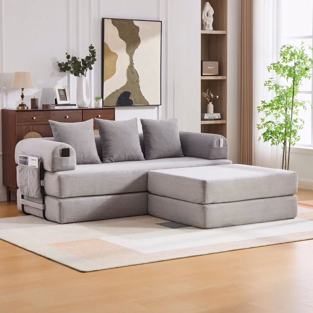 Divano angolare modulare MIVRAY in velluto a coste grigio con pouf reversibile e 3 cuscini, struttura in metallo e funzione letto, L/P/H: 200 x 167 x 67 cm – 2