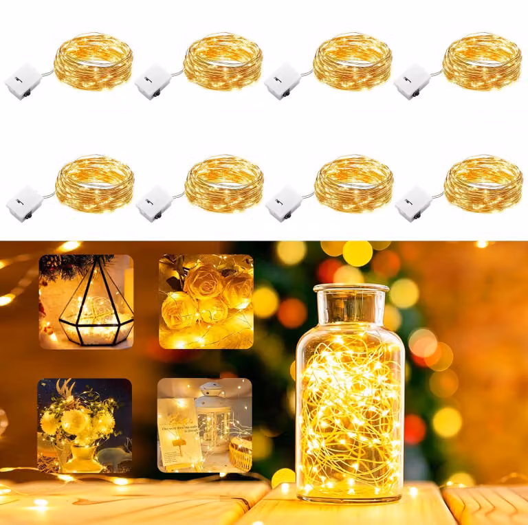 Catena luminosa a LED, 2 metri, 20 LED bianco caldo, 3 modalità, confezione da 8 pezzi