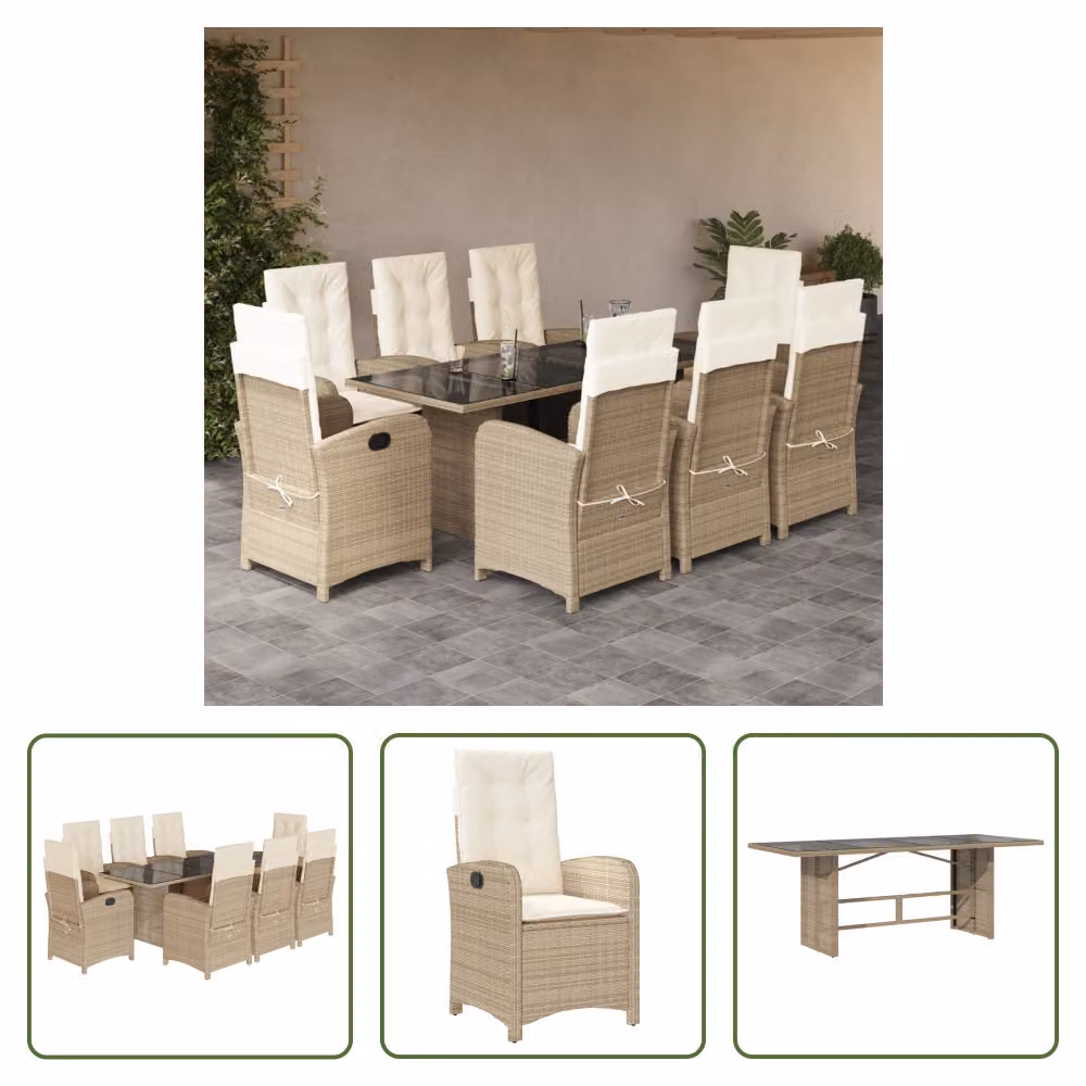The Living Store Set da pranzo da giardino 9 pezzi con cuscini Beige poly rattan