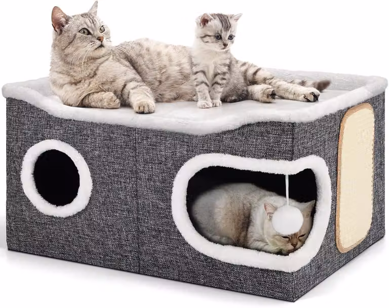 Tana per gatti XXL, pieghevole, dimensioni 61 x 45 x 32 cm, con 2 livelli, dotata di tiragraffi e pallina giocattolo, per uso interno