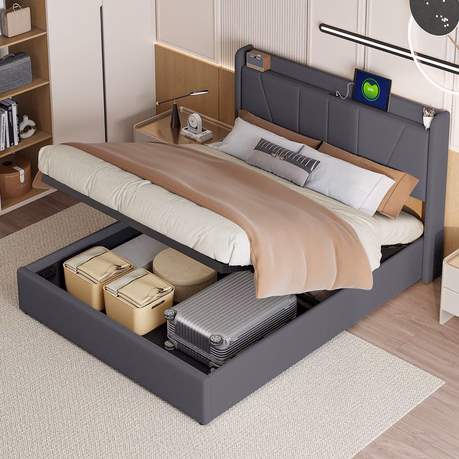 Letto matrimoniale 160 x 200 cm con porta USB, porta di ricarica USB-C, contenitore e rete a doghe, nero