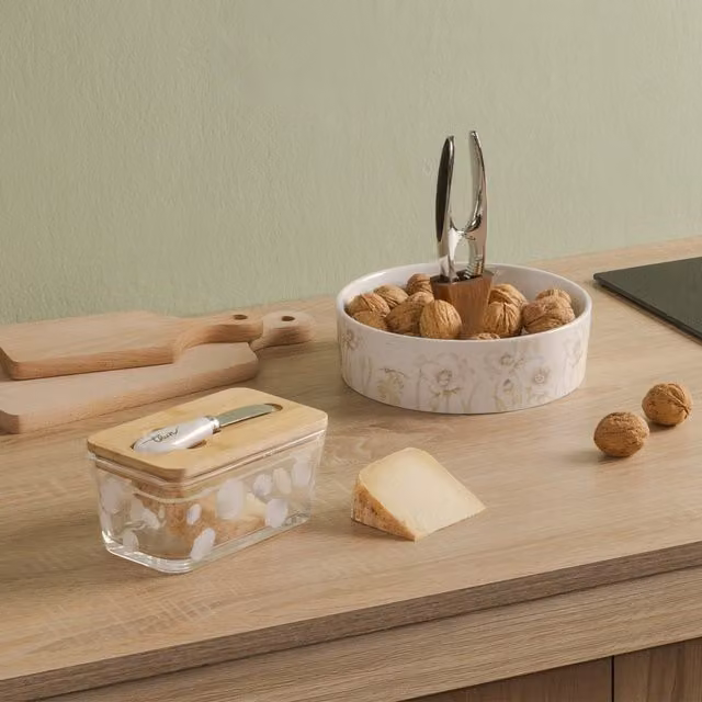 Porta formaggio in vetro trasparente con spalmino Bloom thun con decorazione floreale