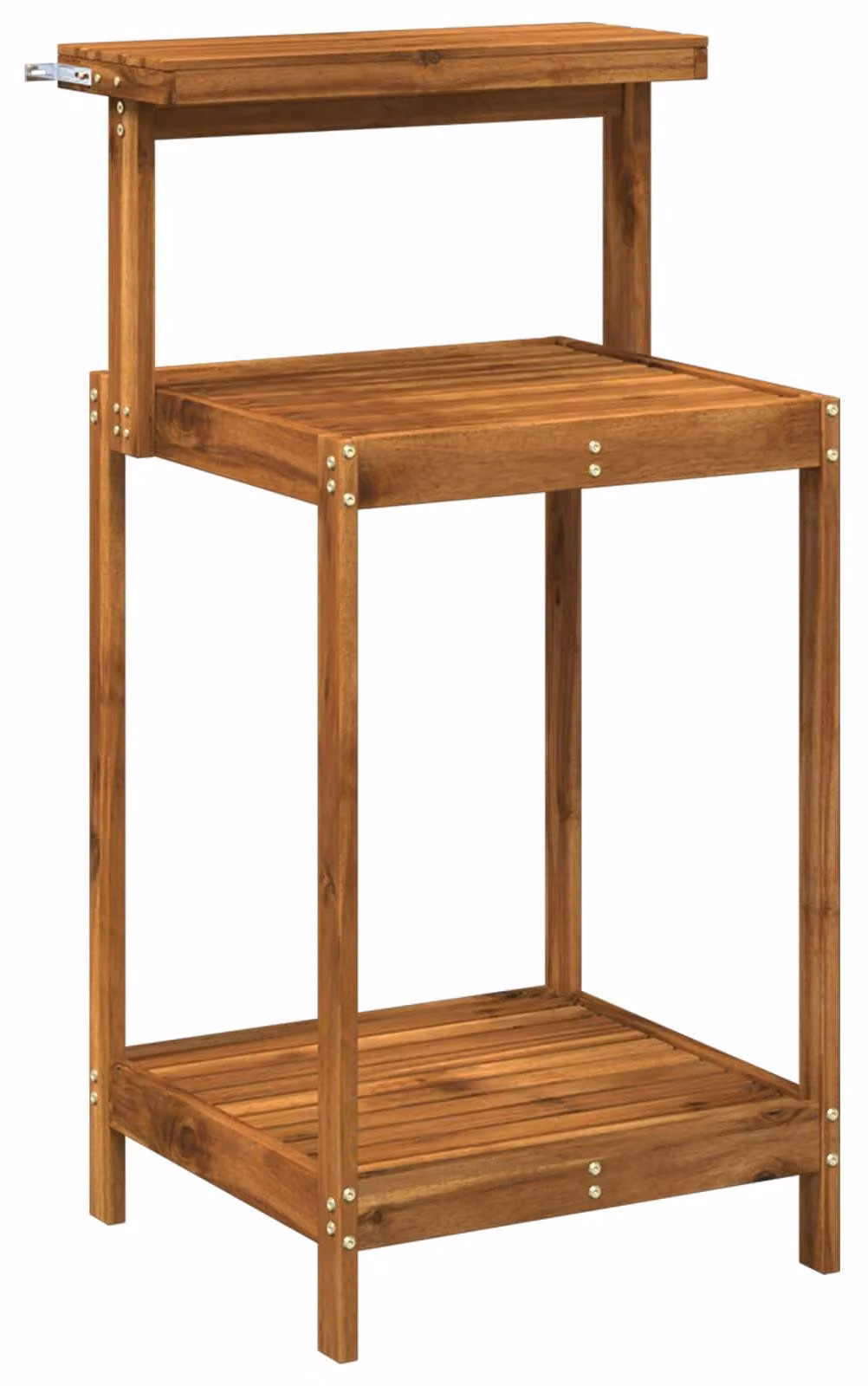 Banca da esterno con vaso integrato, dimensioni 56,5 x 48,5 x 107 cm, realizzata in legno massello di acacia, finitura naturale