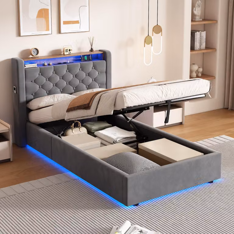MODFU Letto imbottito 90 x 200 con contenitore, letto per ragazzi con testiera dotata di ripiani, illuminazione a LED e presa di corrente, materasso escluso, grigio scuro