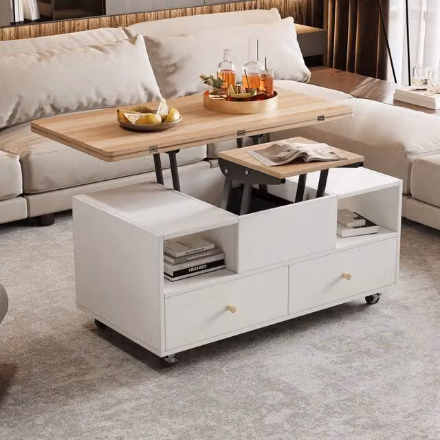 Tavolino da salotto regolabile in altezza con 4 cassetti e piano richiudibile, 100 x 50 x 47,5 cm, in MDF con piano effetto noce