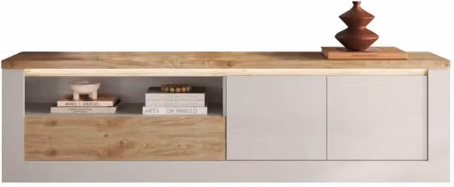 Mobile TV SASHA – 2 ante, 1 cassetto e 1 nicchia aperta con LED – Bianco lucido e rovere Cadiz