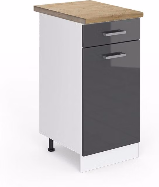 Mobiletto base per cucina Vicco R-Line Antracite e Bianco lucido con Rovere, L: 40 cm, H: 81,6 cm, P: 60 cm