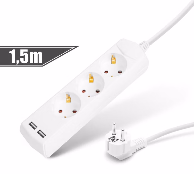 Presa multipla a 3 vie - 1,5 m - 2x USB (2,1 A) - Sicurezza bambini - 250 V • 16 A - Bianco [20201U]