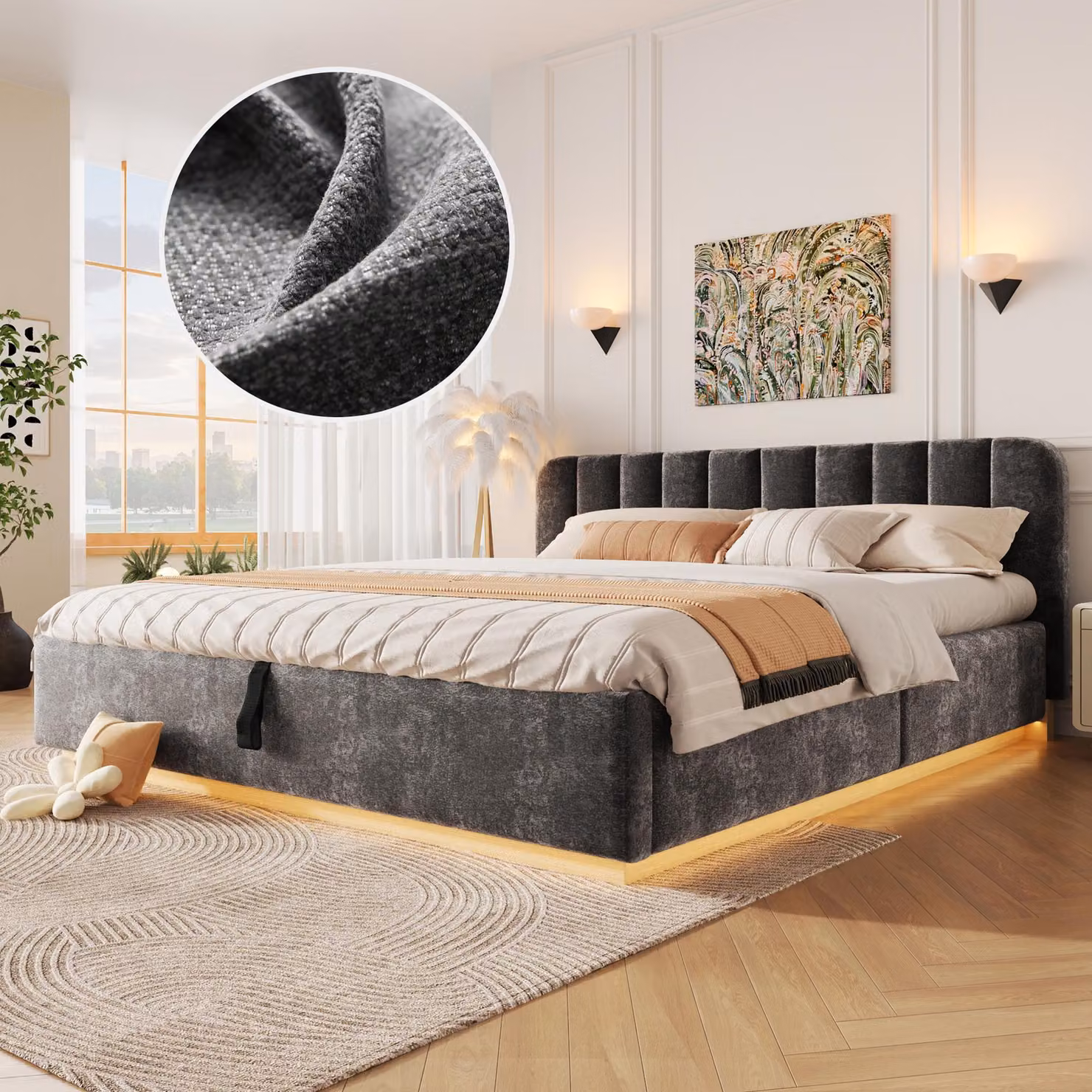 Letto imbottito 180 x 200 cm con contenitore a sollevamento idraulico, illuminazione a LED, rete a doghe e testiera imbottita, rivestito in tessuto effetto velluto color antracite