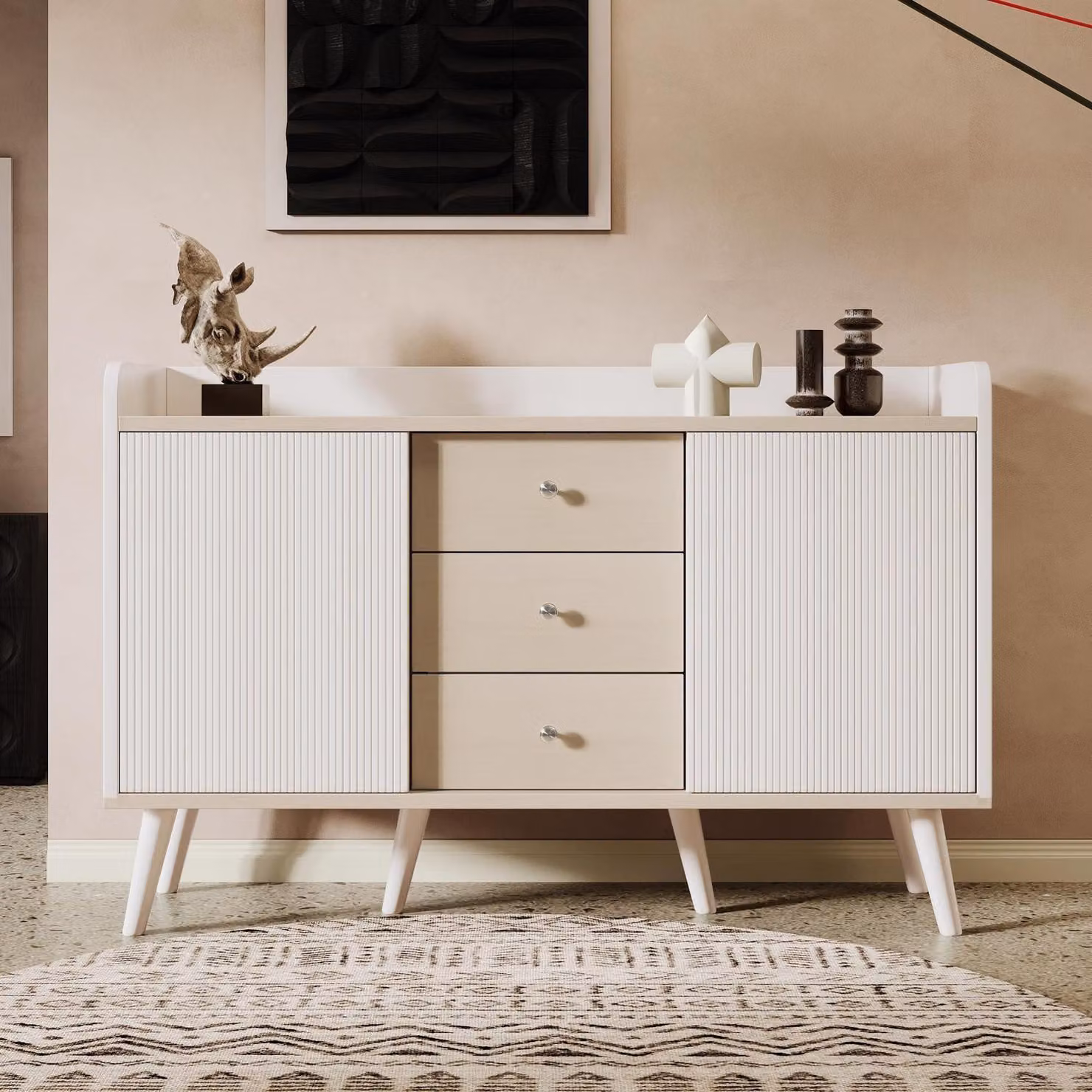 Comodino con ante scorrevoli e 3 cassetti, dimensioni 117,5 x 40 x 80 cm, colore bianco