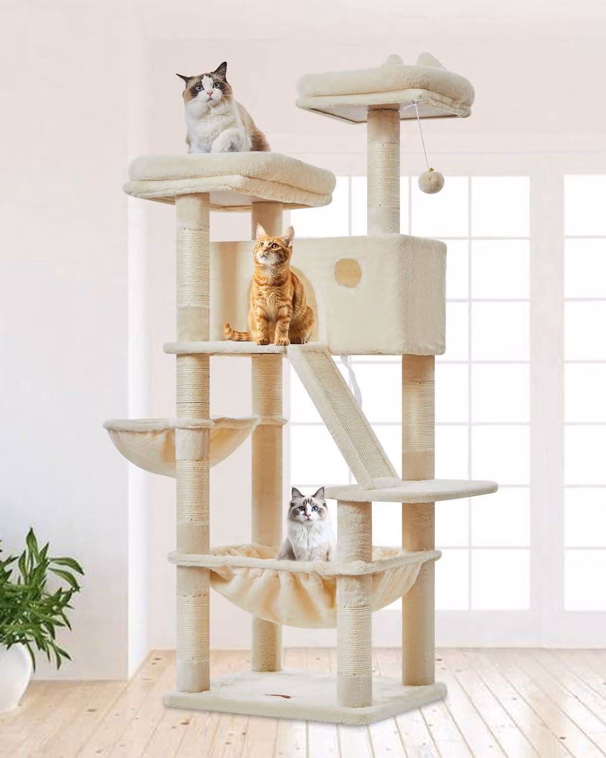 Albero per gatti di grandi dimensioni, 146 cm di altezza, 7 pali da graffio, 2 piattaforme, una cuccia, un'amaca, palline di peluche, colore beige