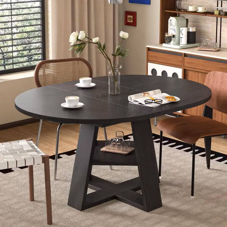 STILVORA: Tavolo allungabile con spazio contenitivo e ripiani, tavolo da pranzo 110/150 x 110 cm per 4-6 persone, tavolo da pranzo rotondo con finitura effetto legno nero