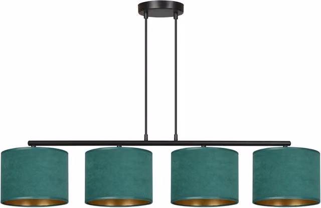 Lampadario a sospensione Vinayaka Luceart-Classic con 4 luci in metallo nero e oro e paralumi in tessuto verde
