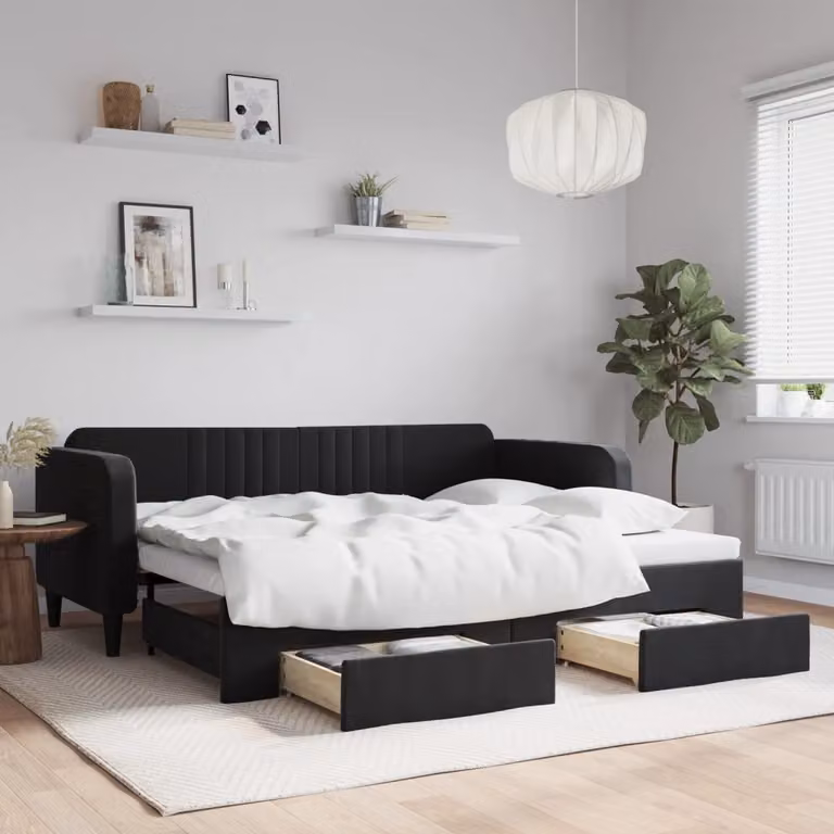 vidaXL Divano Letto Estraibile con Cassetti in Velluto Nero L/P/H: 223 x 90 x 100 cm