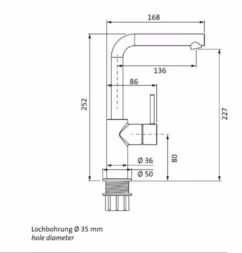 Herzbach SIRO WT - Miscelatore monoforo L-Size con maniglia laterale, senza scarico, cromato