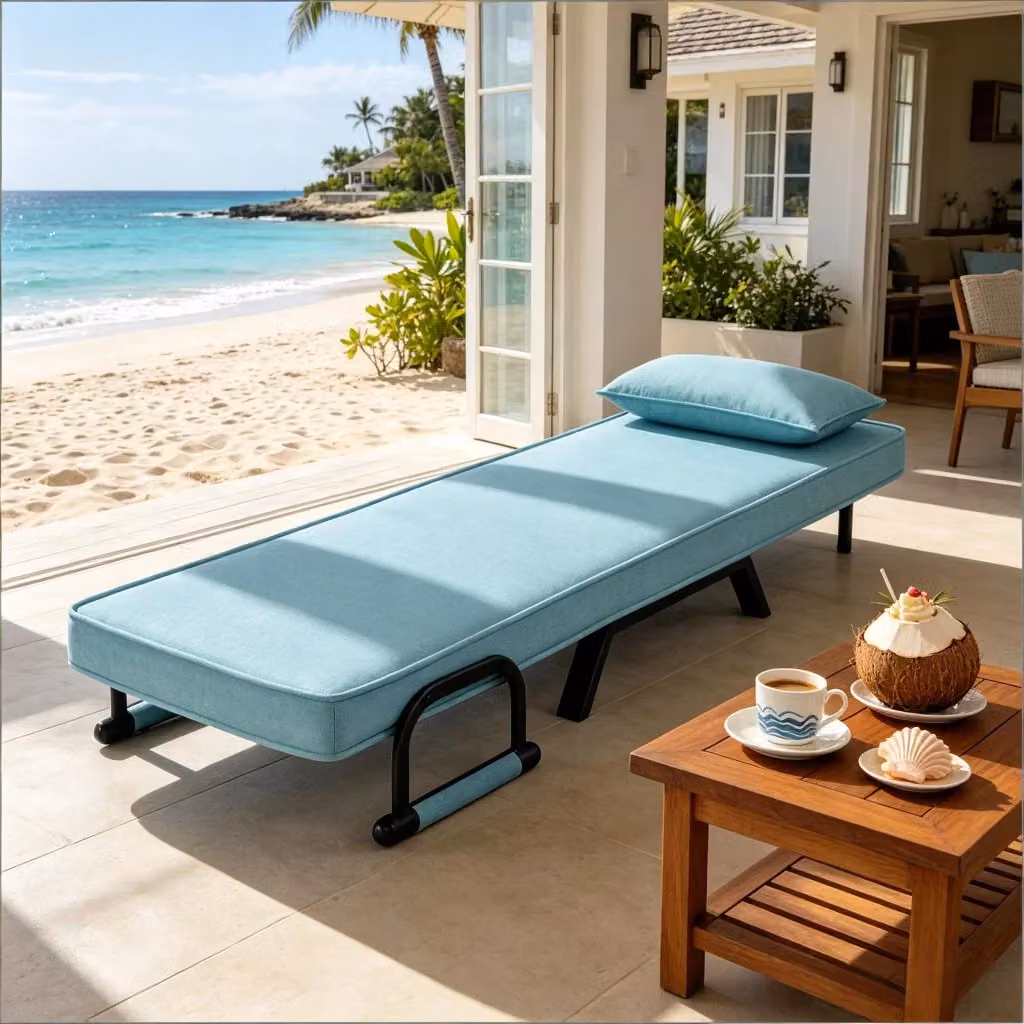 Sedia letto pieghevole 3 in 1 WISHDOR blu, poltrona relax, chaise longue e letto singolo con struttura in metallo e braccioli – 2