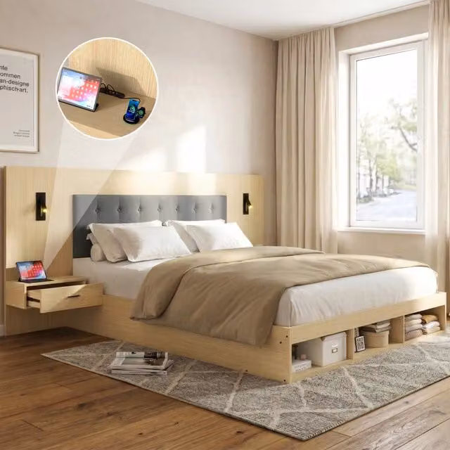 Letto matrimoniale con contenitore WISHDOR in Rovere chiaro con porte USB e Type-C, luci da lettura e 2 comodini, L/P: 160 x 200 cm – 1