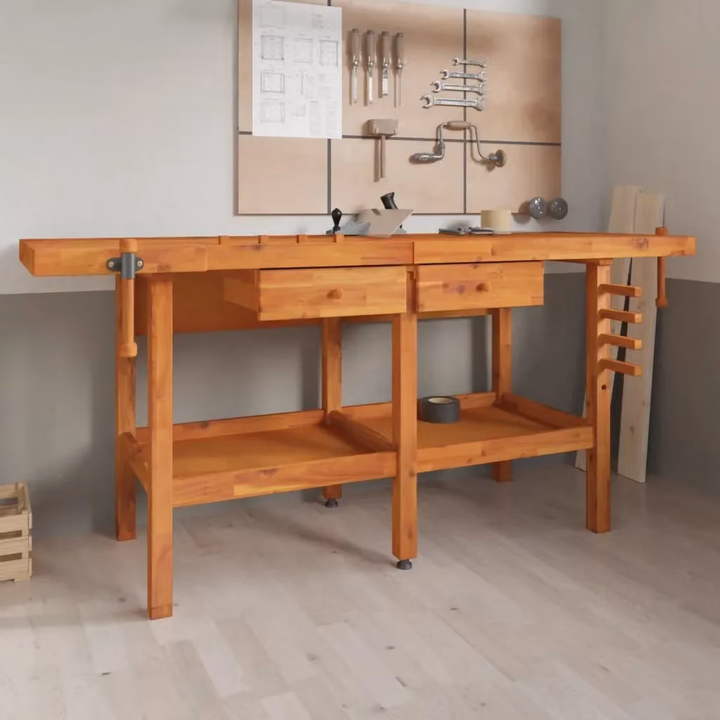 Banco Lavoro con Cassetti e Morse in Legno Massello di Acacia Marrone L/P/H: 192 x 62 x 83 cm CFW2781588 – 2