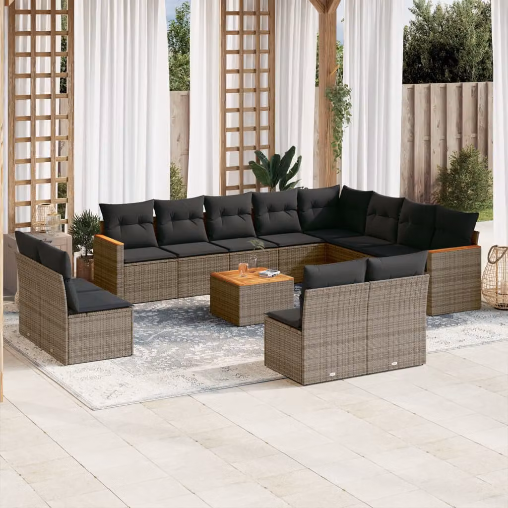 vidaXL Set Divani da Giardino 13 pz in Polyrattan Grigio con Cuscini e Tavolino da Caffè – 1