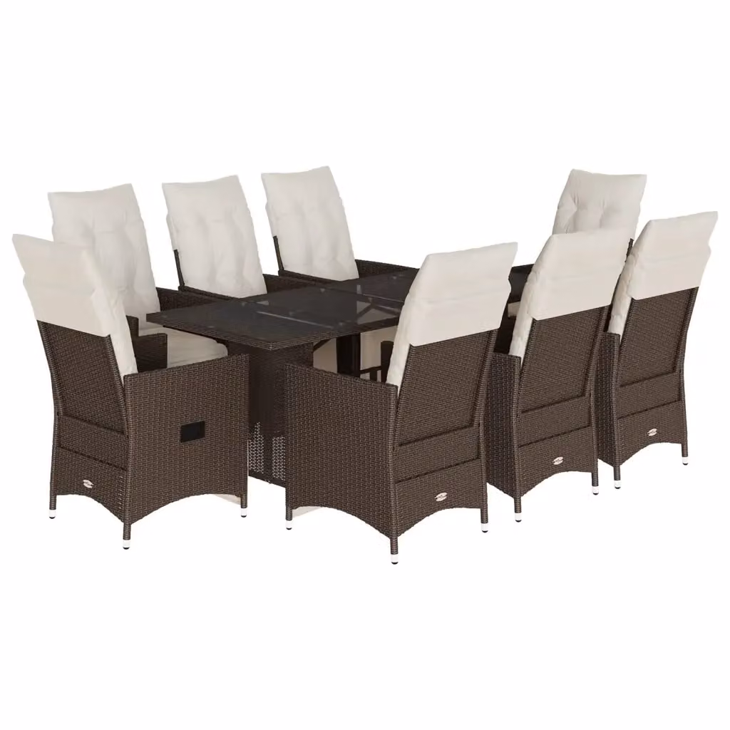 Set Bistrò da Giardino vidaXL 9 pz in Polyrattan Marrone e Bianco con Cuscini e Tavolo in Vetro – 2