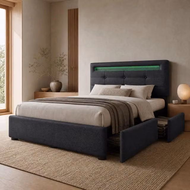 Struttura letto singolo 90x200 cm con LED; 2 cassetti e testiera regolabile; grigio