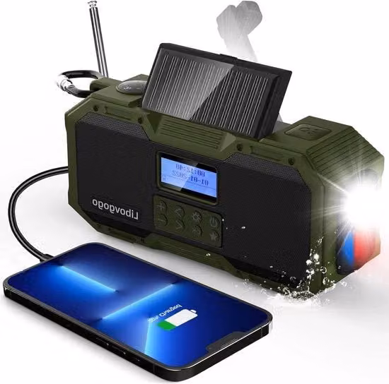 Radio portatile DAB+ FM verde con altoparlante Bluetooth impermeabile IPX5, pannello solare, batteria da 4000 mAh e torcia integrata