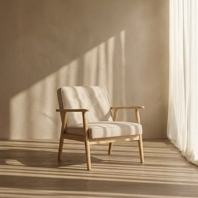 Poltrona Nerone Banak beige con struttura in legno di hevea massello e seduta in tessuto
