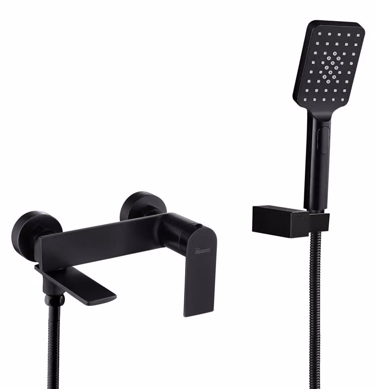 Miscelatore per vasca da bagno con doccetta manuale, montaggio a parete, colore nero, realizzato in ottone, con bocchetta girevole a 90°