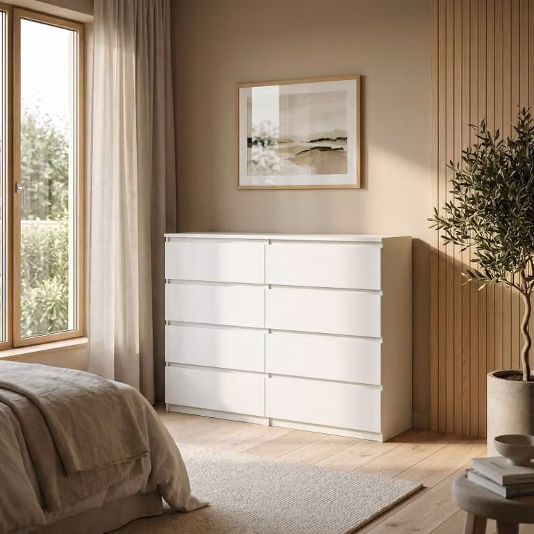 Comodà Masseno NUDO da 120 cm con 8 cassetti e ante, per soggiorno e camera da letto, stile moderno, 120x39x101,5 cm, bianco / bianco