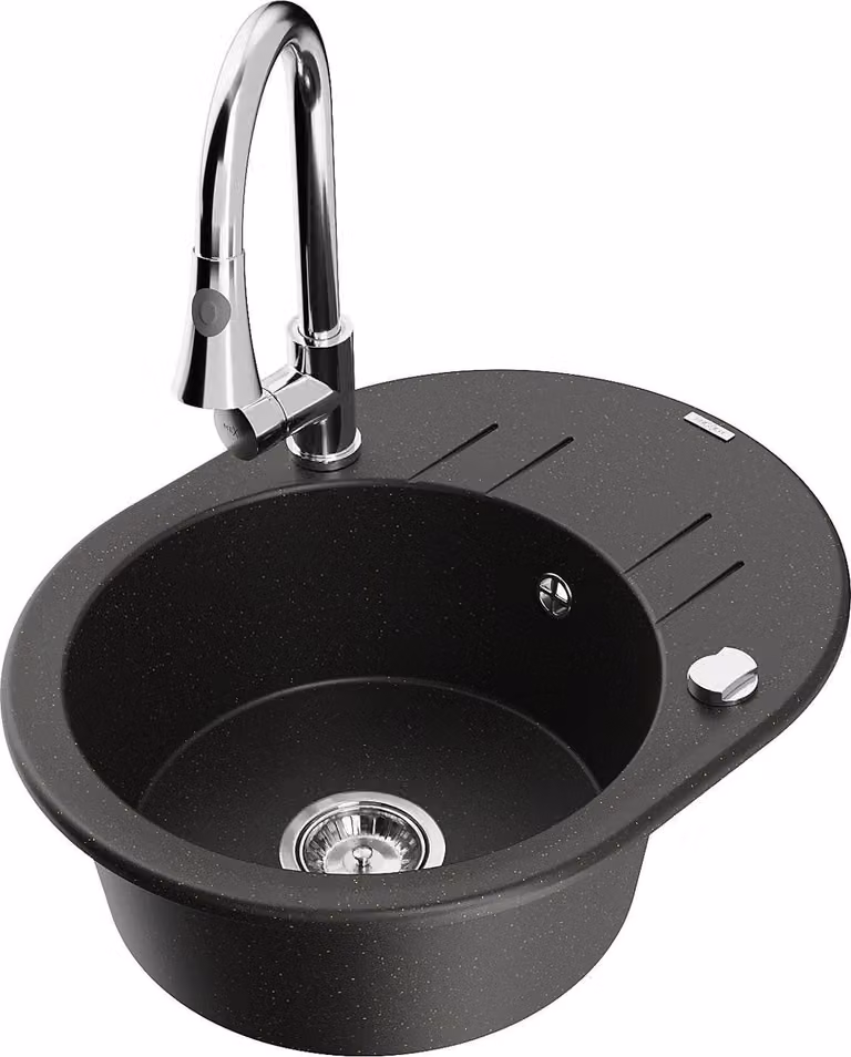 Mexen Kevin lavello in granito a 1 vasca con scolapiatti e rubinetto da cucina Elia, nero/oro metallizzato - 6517-75-670101-00