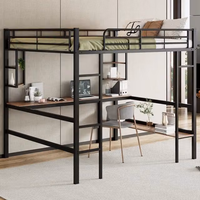 Letto a soppalco con scrivania e scaffali ¨C Minimal ¨C nero metallo 140x200cm